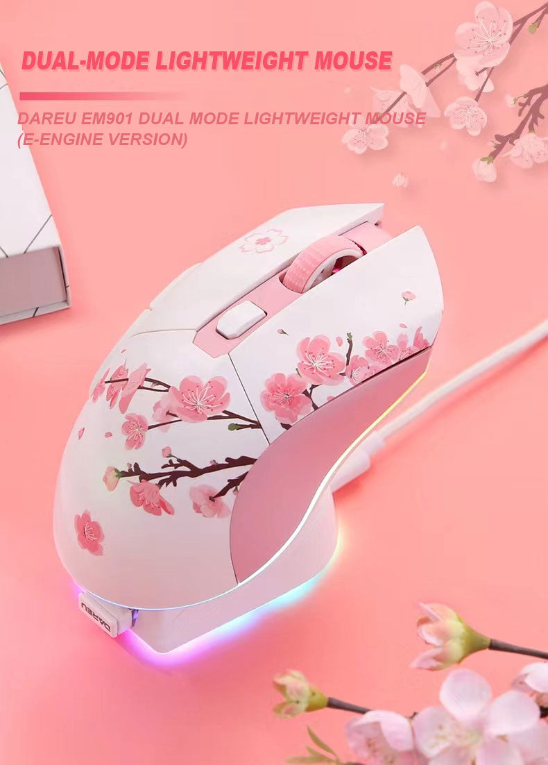 DAREU EM901 GEMINI Lightweight Dual-Mode RGB Backlit Pink Gaming Mouse ft. Cherry Blossom with 7 Programmable Buttons and Charging Base