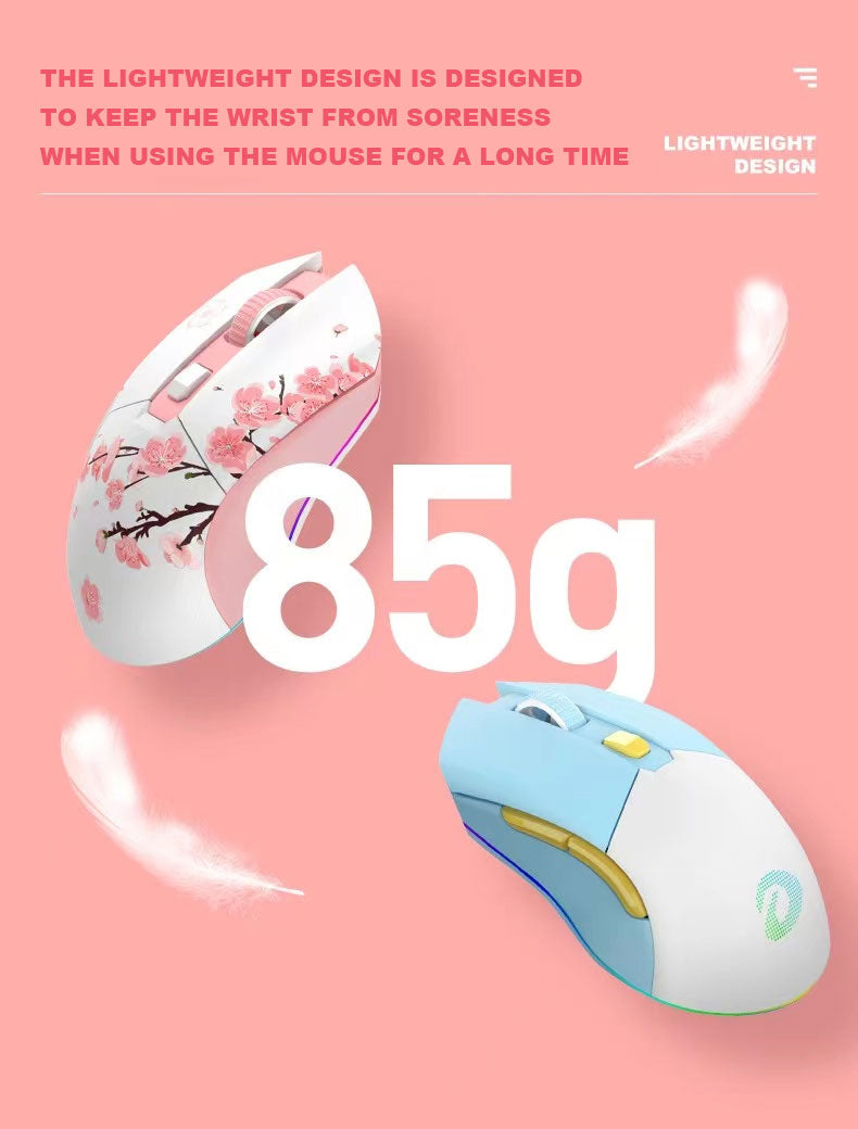 DAREU EM901 GEMINI Lightweight Dual-Mode RGB Backlit Pink Gaming Mouse ft. Cherry Blossom with 7 Programmable Buttons and Charging Base