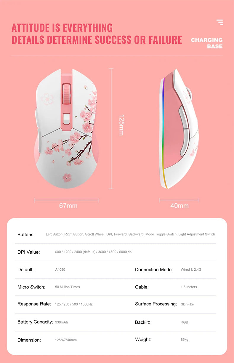 DAREU EM901 GEMINI Lightweight Dual-Mode RGB Backlit Pink Gaming Mouse ft. Cherry Blossom with 7 Programmable Buttons and Charging Base