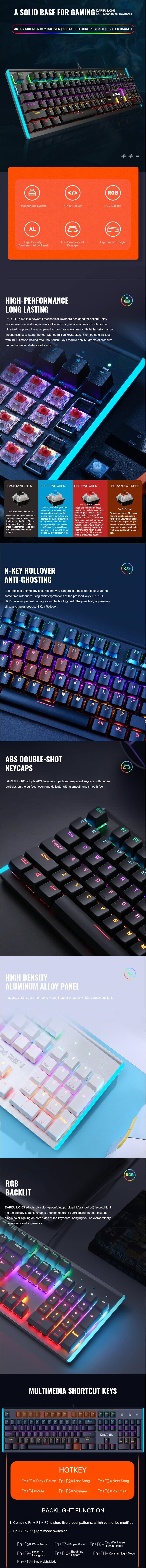 DAREU LK165 Full Size Wired Hybrid Color RGB Backlit Real Mechanical Gaming Keyboard with N-Key Rollover & ABS Double-Shot Keycaps