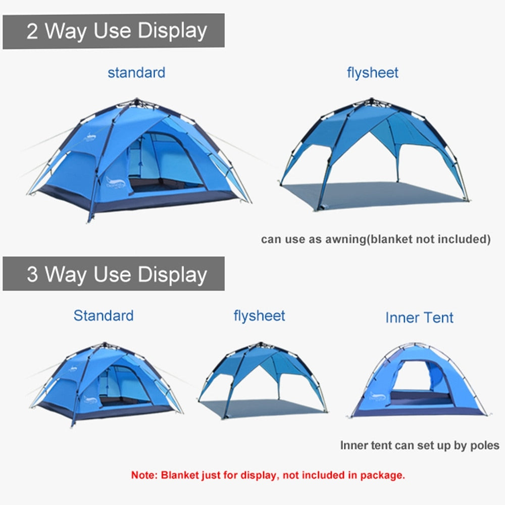 Camping tent for up to 4 people, easy instant setup, portable backpack