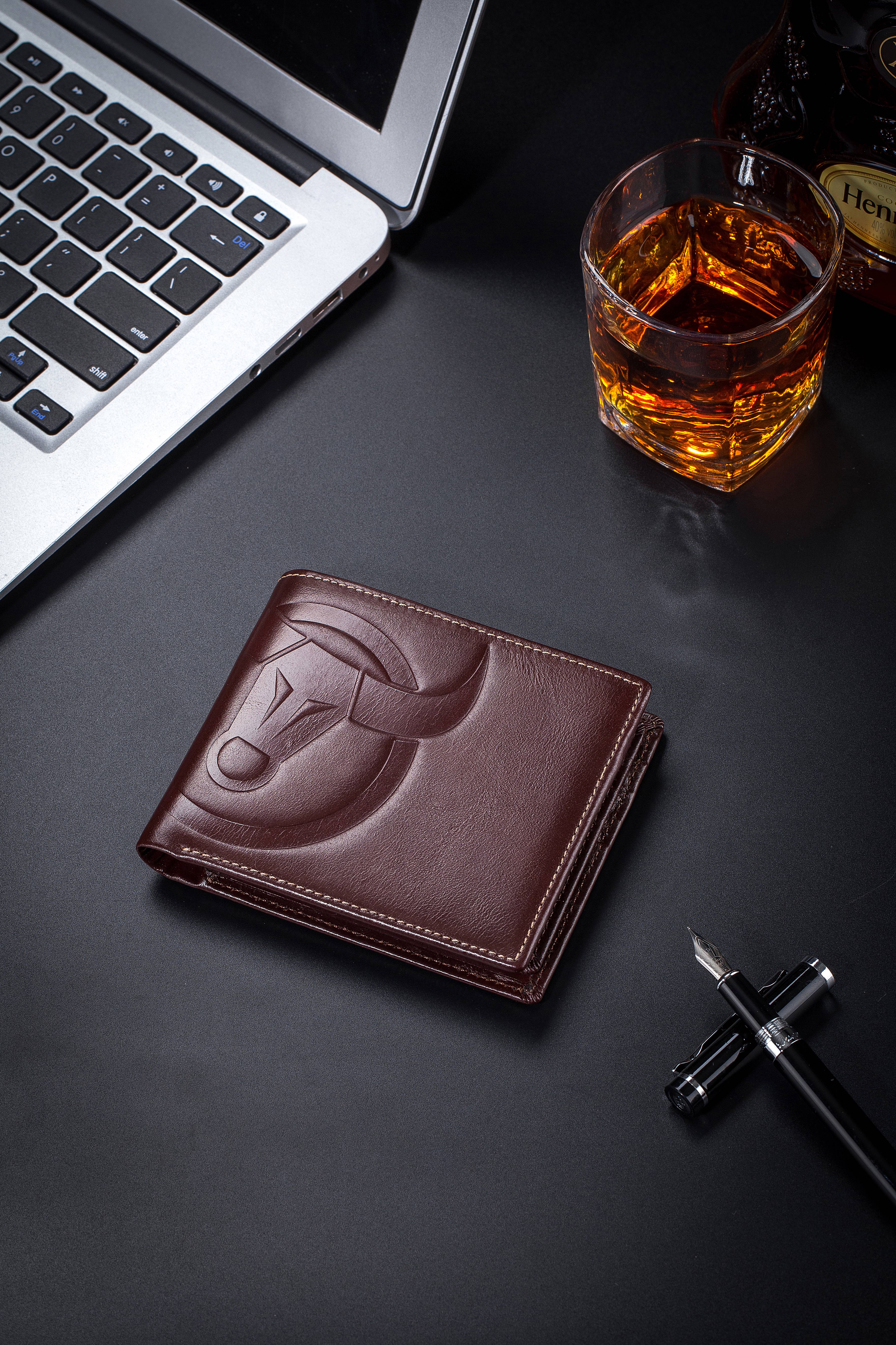 Bullcaptain Leather Biflod Rfid Blocking Men Wallet with Big Logo,Horizontal - 0203