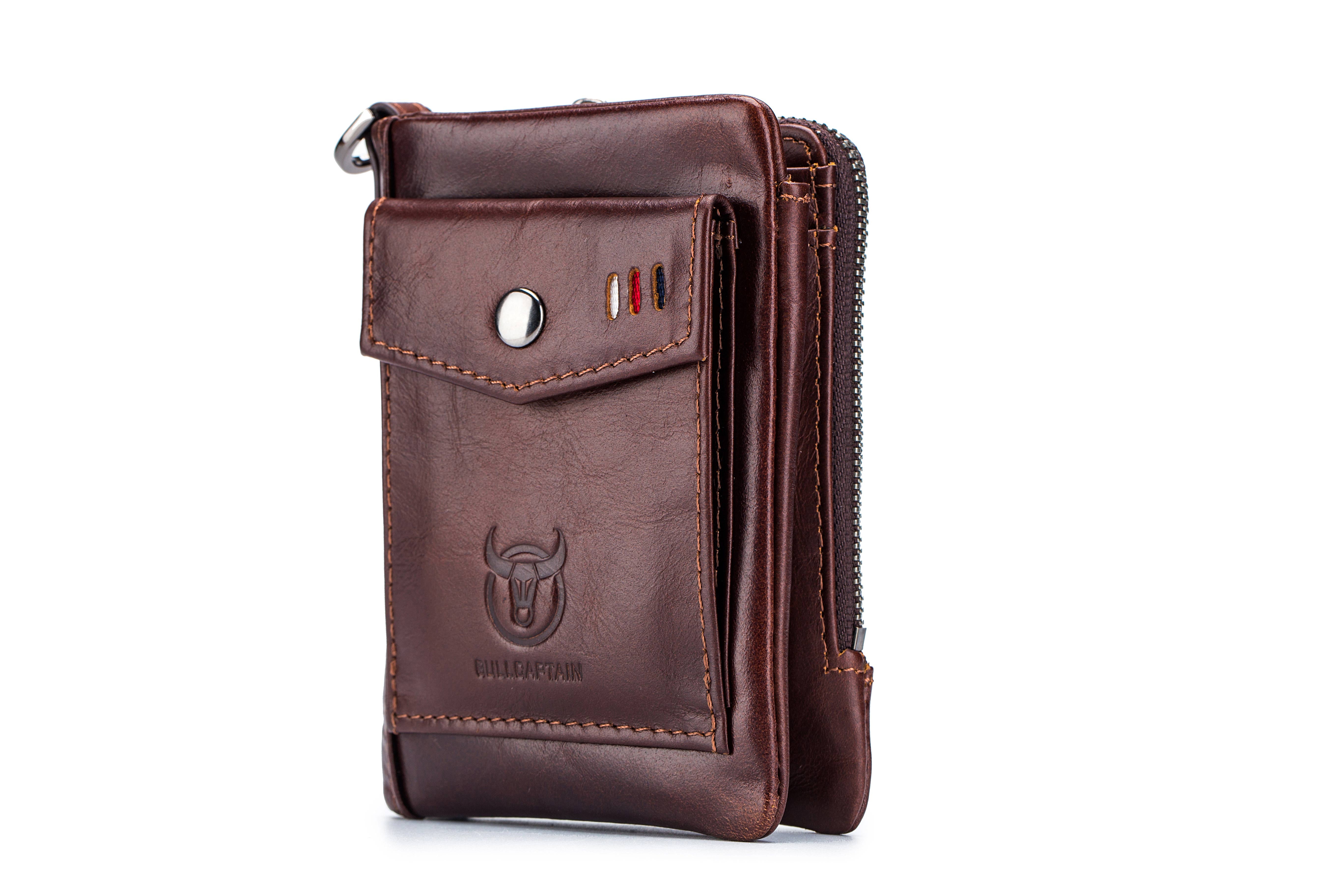 Bullcaptain Leather Biflod Rfid Blocking Men Wallet Minimalist with Zipper Coin Pocket and Hasp Pocket - 057