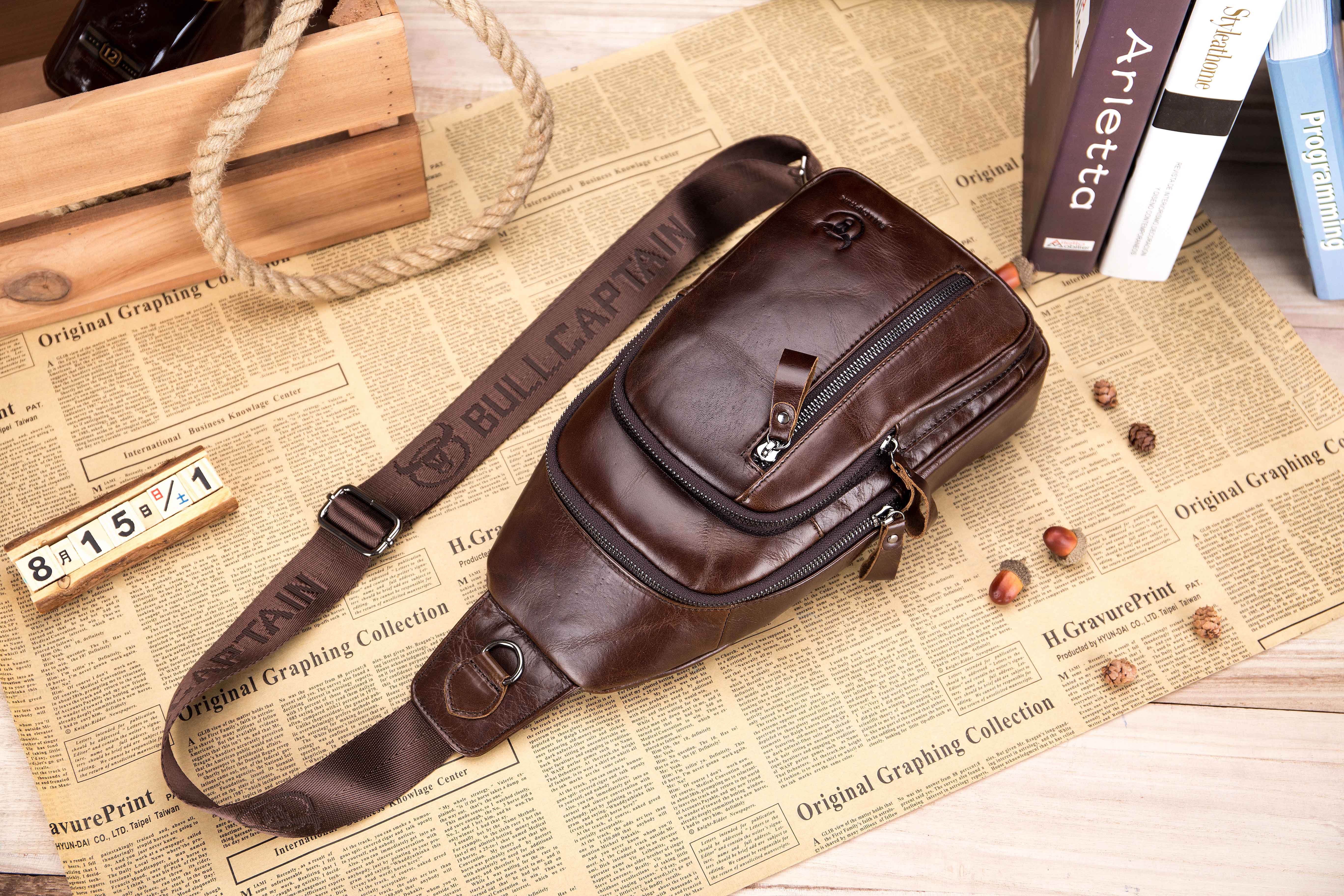 Bullcaptain Leather Sling Bag Mens Genuine Leather Chest Bag Crossbody Small Sachel Bag - 100