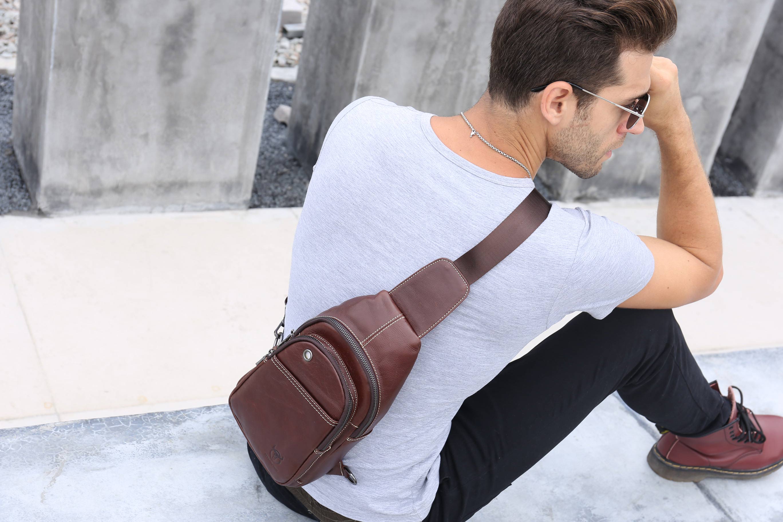 Bullcaptain Leather Sling Bag Men Chest Bag Genuine Leather Crossbody Small Sachel Bags For Men - 085