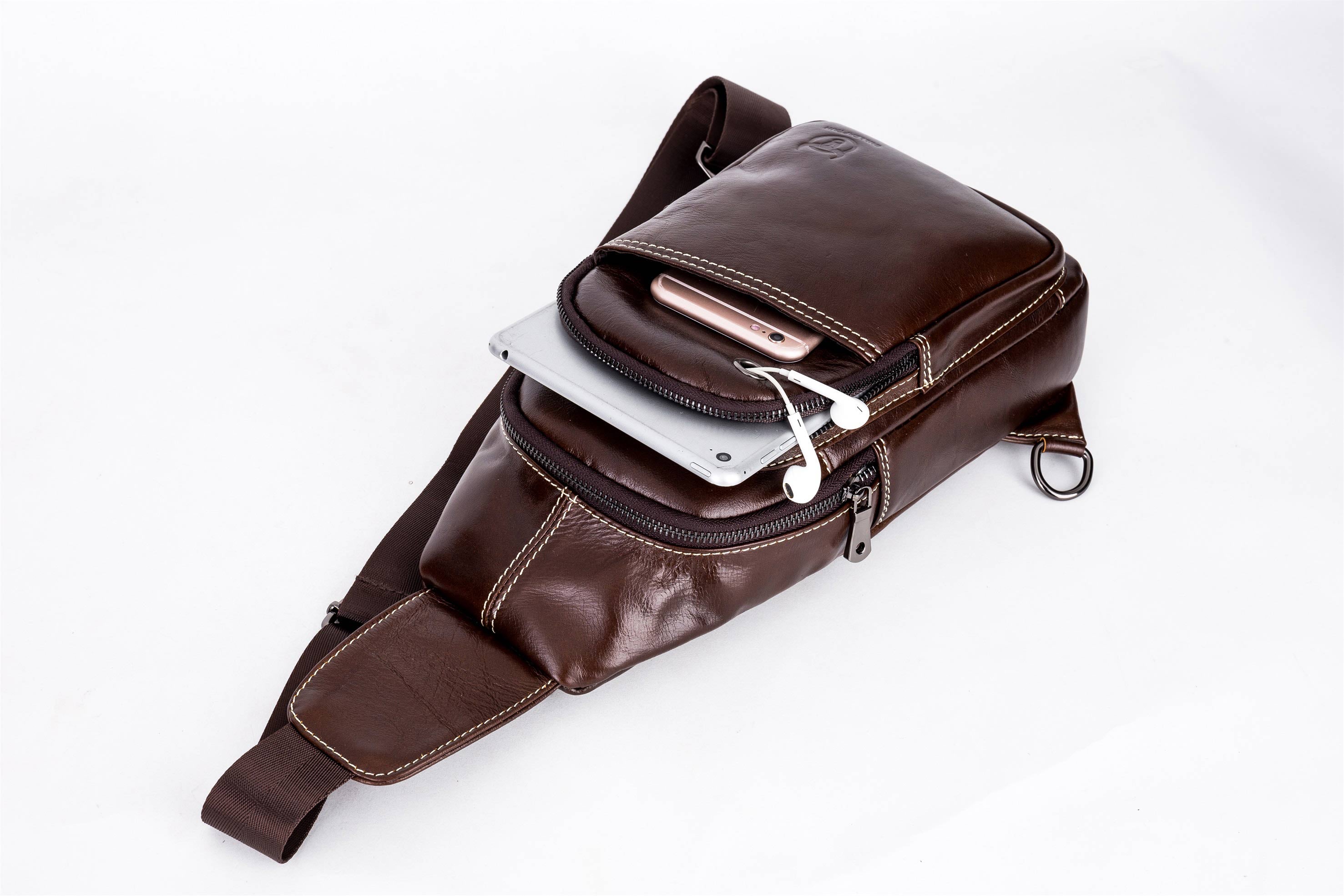 Bullcaptain Leather Sling Bag Men Chest Bag Genuine Leather Crossbody Small Sachel Bags For Men - 085