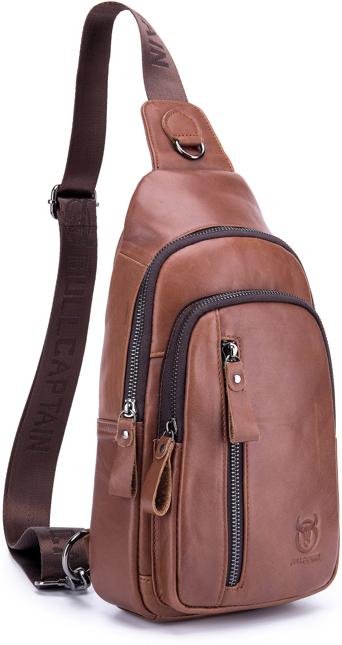 Bullcaptain Leather Sling Bag Mens Genuine Leather Chest Bag Crossbody Small Sachel Bag - 100