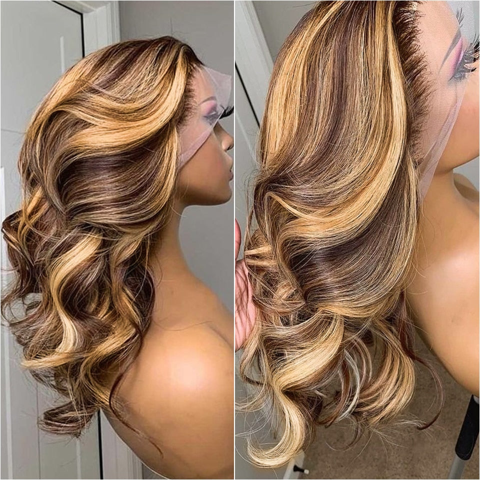 Honey Blonde Wigs - Highlight Wig Human Hair Honey Blonde Body Wave