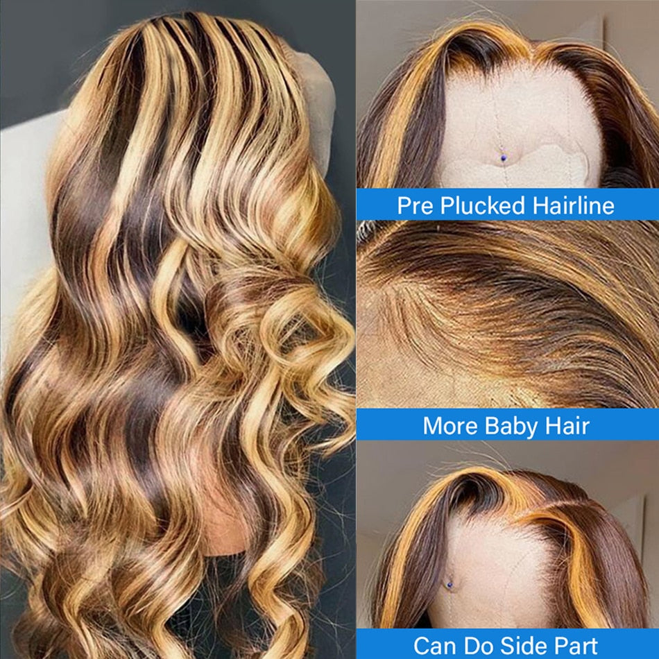 Honey Blonde Wigs - Highlight Wig Human Hair Honey Blonde Body Wave