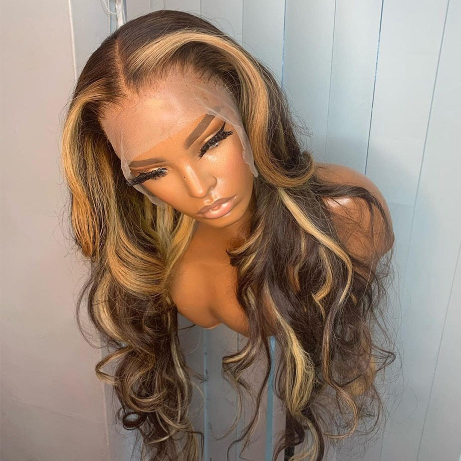 Honey Blonde Wigs - Highlight Wig Human Hair Honey Blonde Body Wave