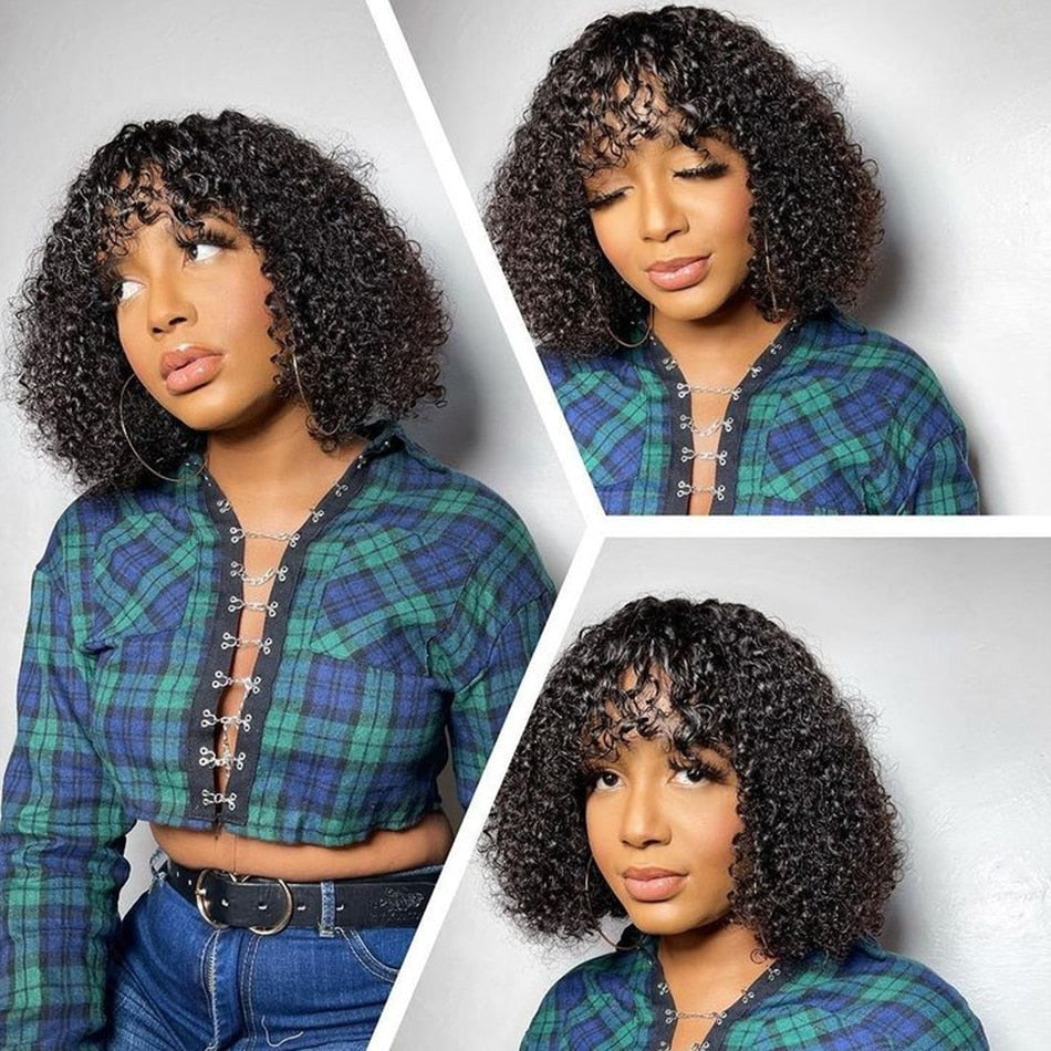 Curly Wigs - Human Hair Bob With Bangs