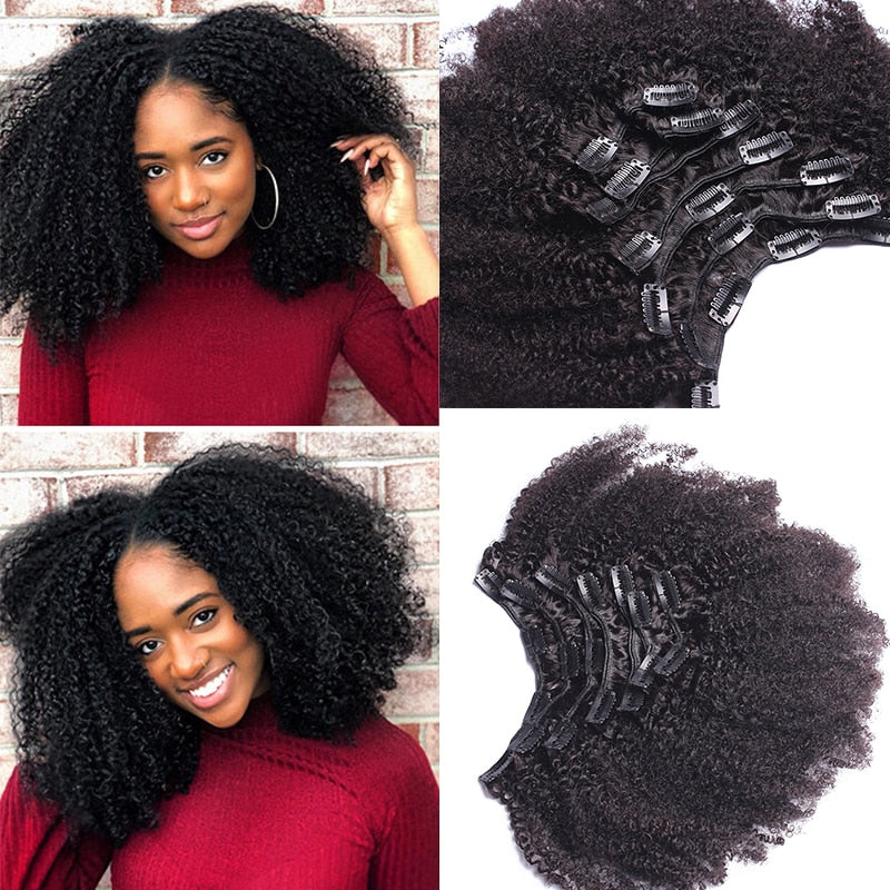 4B 4C Afro Kinky Curly Clip In Human Hair Extensions -Brazilian - 100% Human Hair Natural Black Clip Ins Bundle