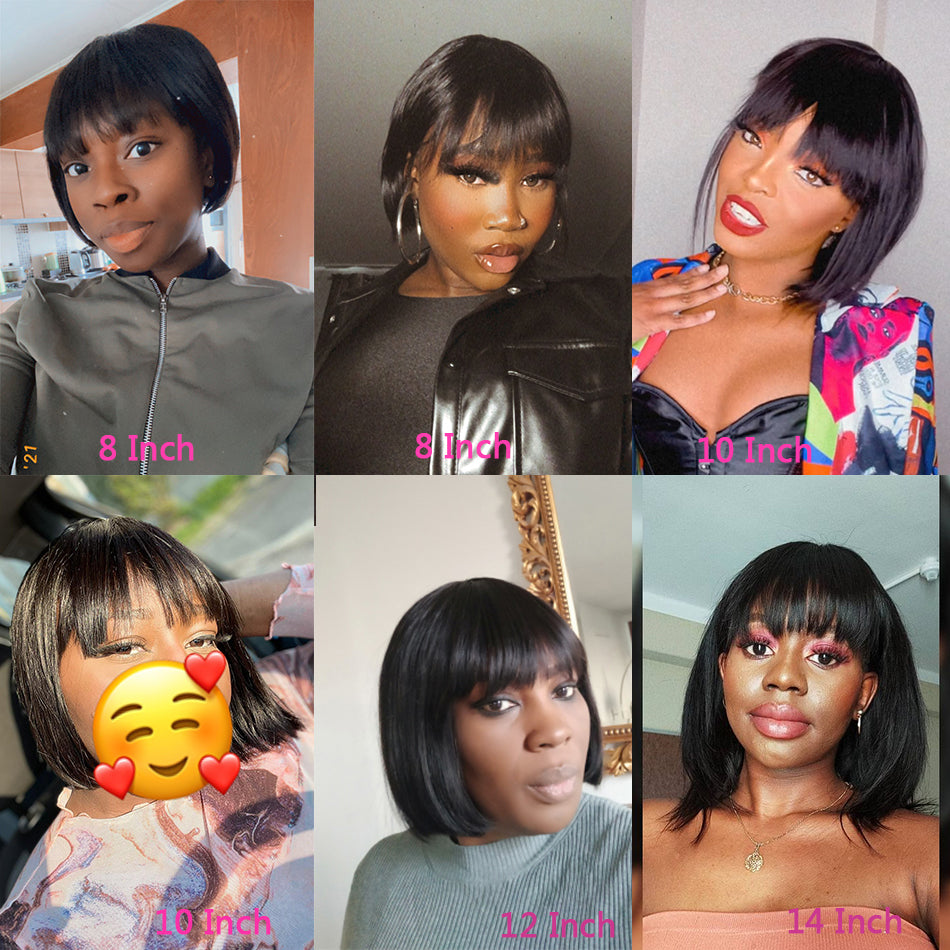 Straight Bob Human Hair Full Lace Wigs With Bangs Short - Straight Hair Wigs