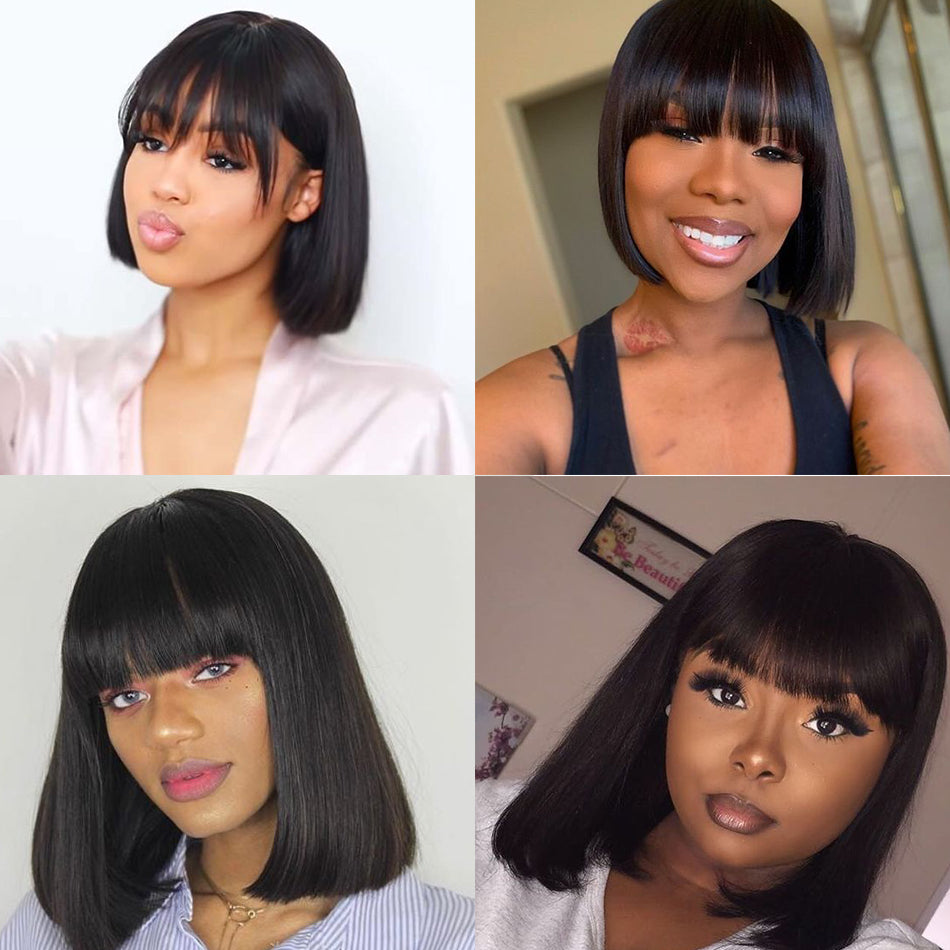 Straight Bob Human Hair Full Lace Wigs With Bangs Short - Straight Hair Wigs