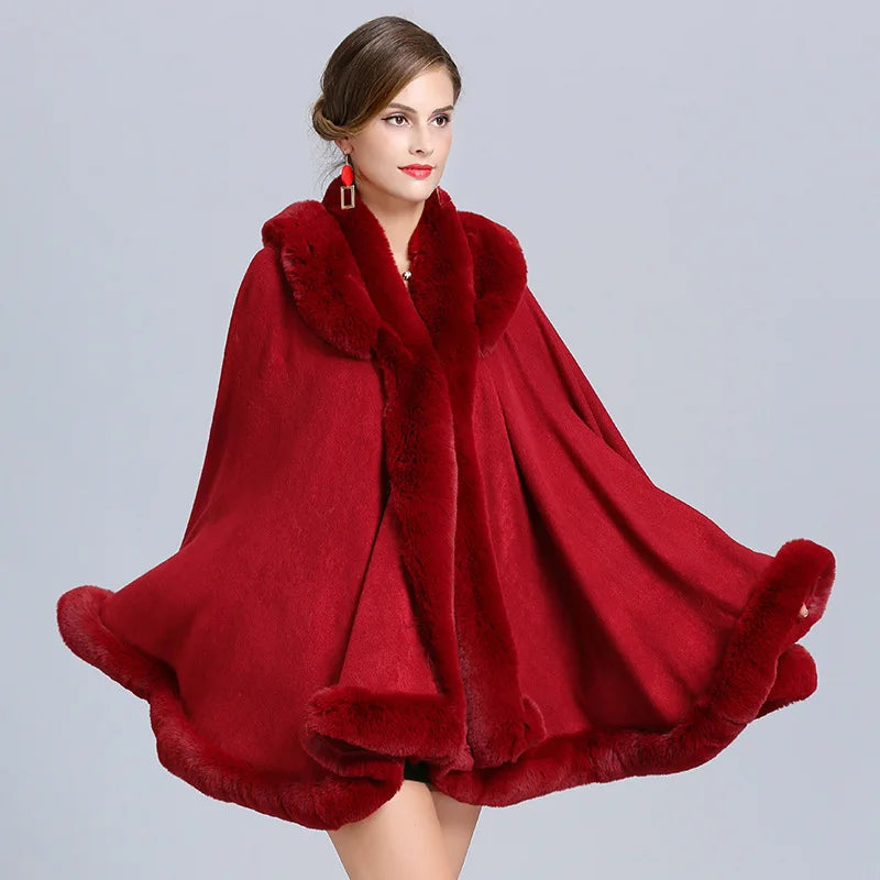 Thick Winter Warm Fur Hooded Shawl Coat For Women Poncho Cape Faux Fur Collar Knitted Cloak Loose Shawl Coat With Hood
