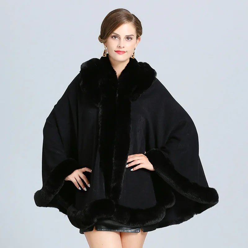 Thick Winter Warm Fur Hooded Shawl Coat For Women Poncho Cape Faux Fur Collar Knitted Cloak Loose Shawl Coat With Hood