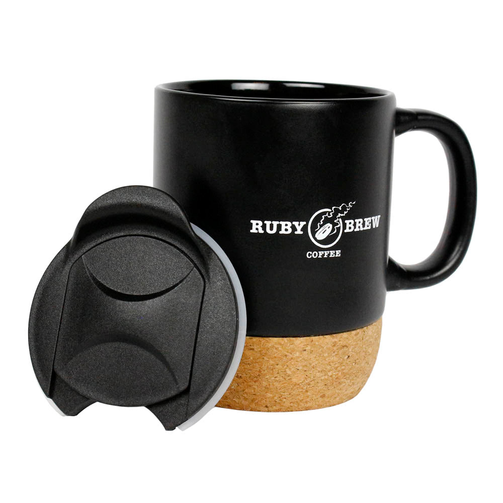 Ruby Brew Cork Bottom Ceramic Modern Coffee Mug w/ Splash Proof Lid Black 12 oz