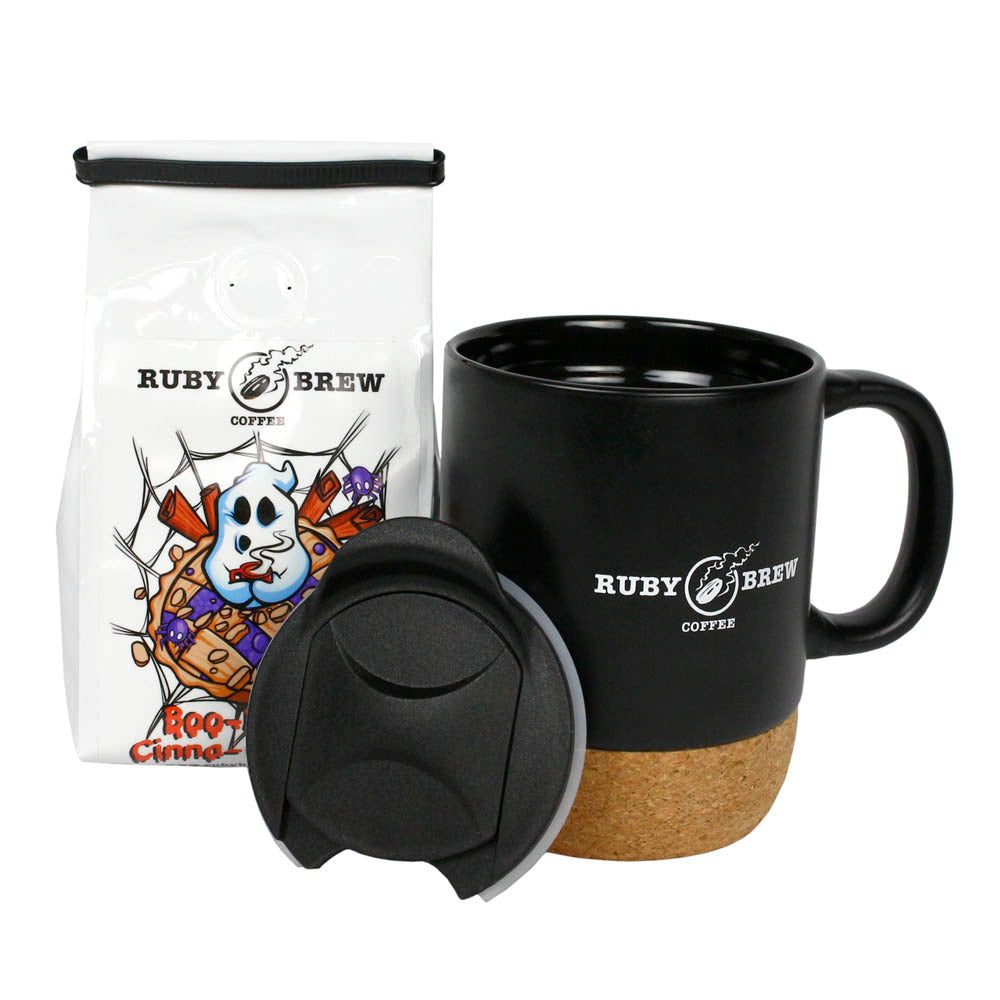 Ruby Brew Cork Bottom Ceramic Modern Coffee Mug w/ Splash Proof Lid Black 12 oz