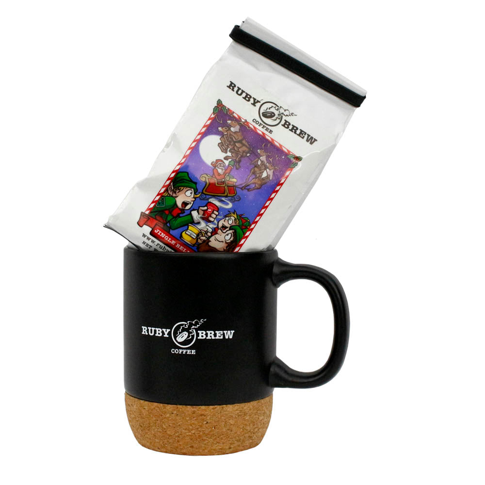 Ruby Brew Cork Bottom Ceramic Modern Coffee Mug w/ Splash Proof Lid Black 12 oz