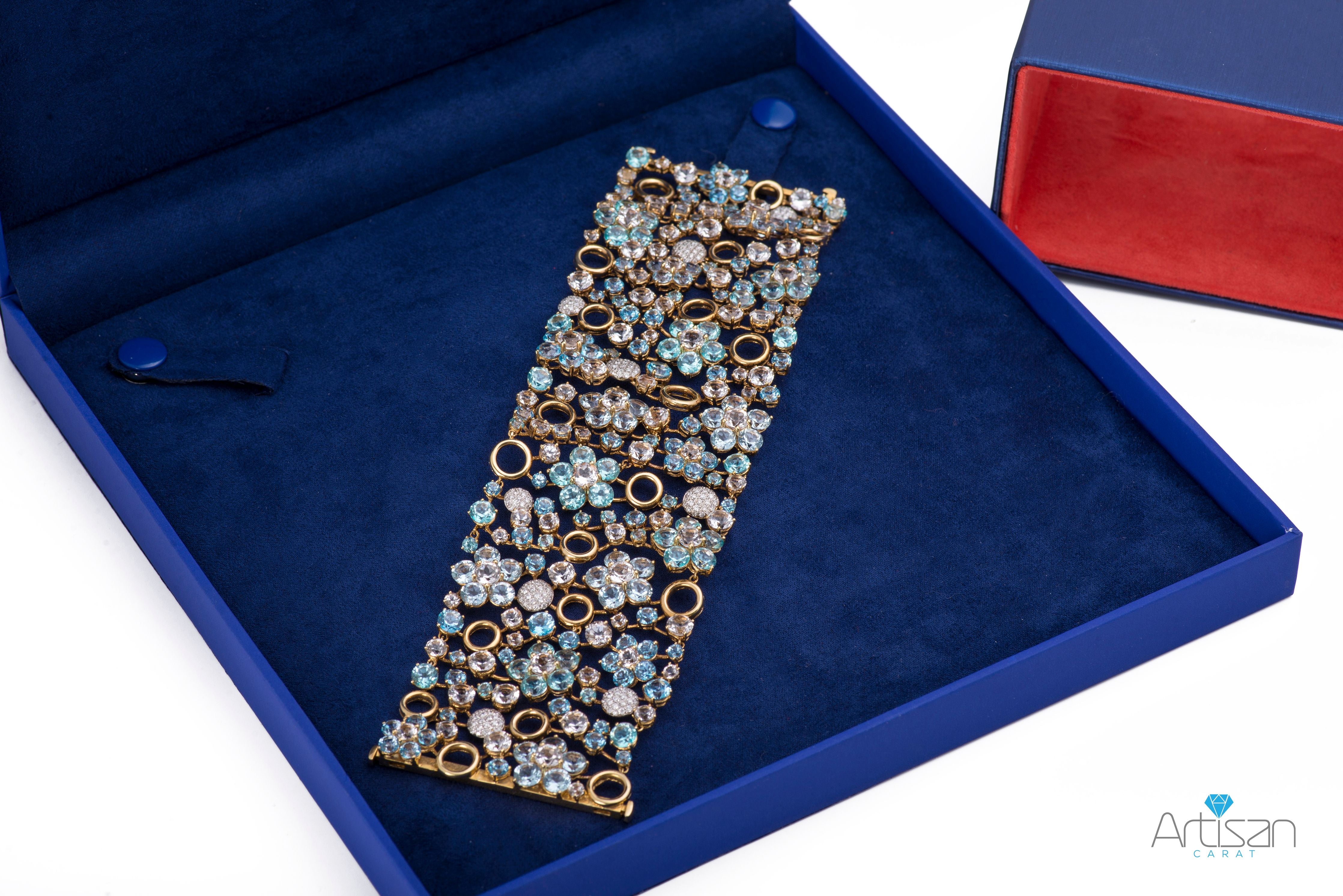 Aquamarine Gemstone and Diamond Wrist Cuff Bracelet in 18k Rose Gold