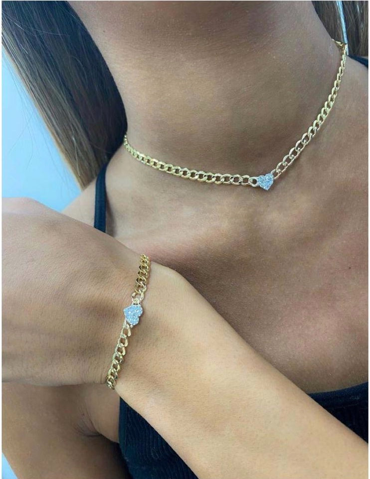 14k Gold Ladies Diamond Heart Cuban Link Chain Choker Necklace