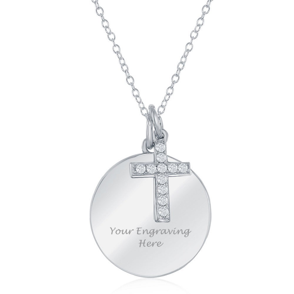 Sterling Silver Cross with Disc Engravable Necklace