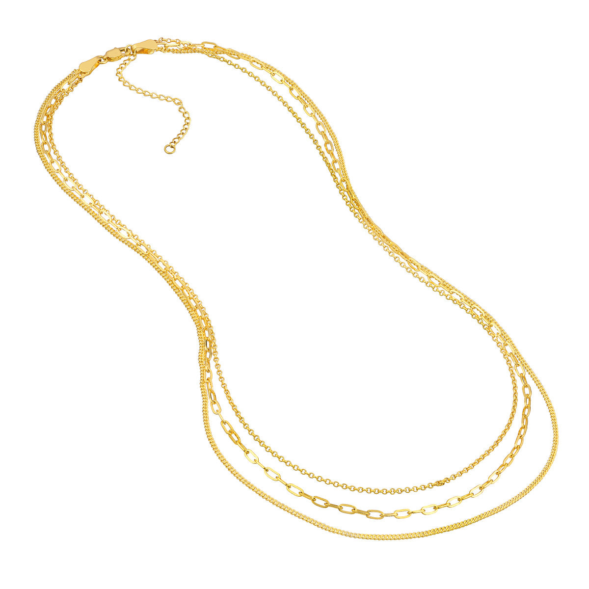 14k Gold Rolo Paper Clip Curb Triple Chain Adjustable Necklace