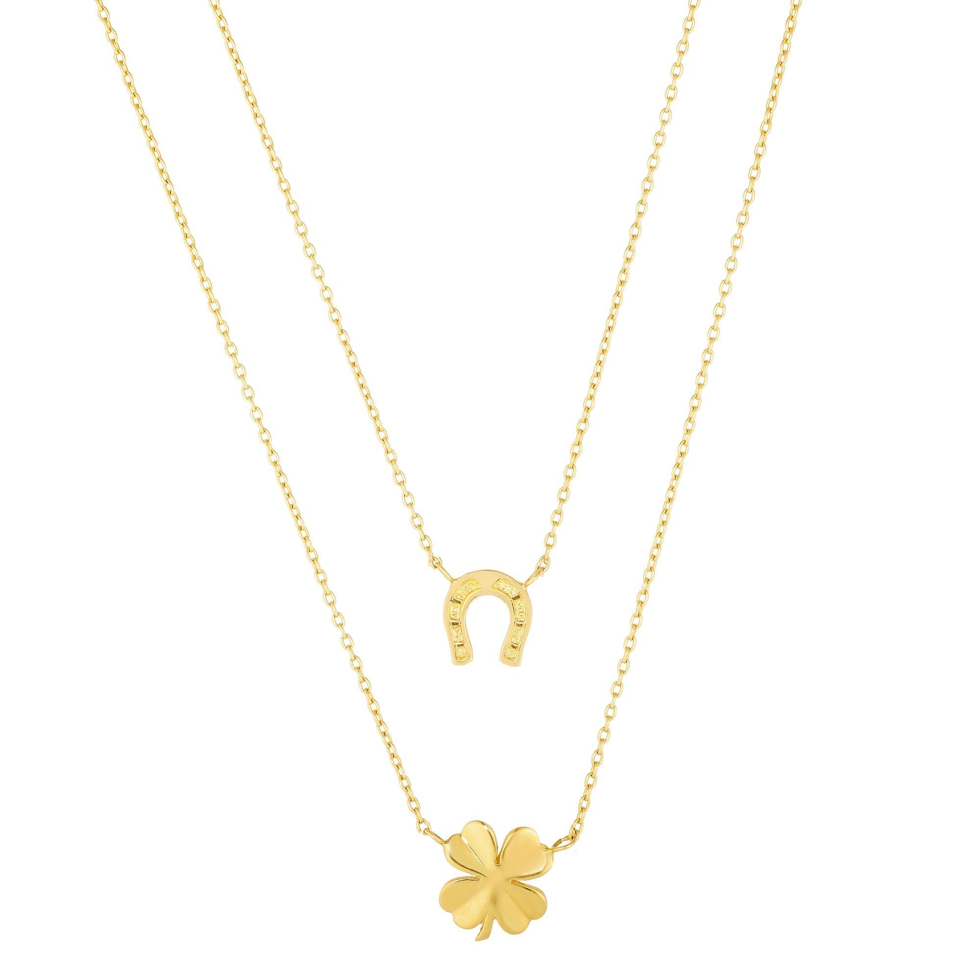 14k Gold Lucky Clover and Horseshoe Layering Double Necklace