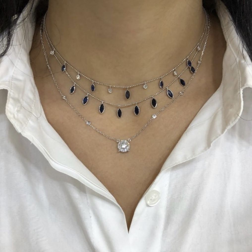 Ladies Trendy Blue Sapphire Layer Choker Necklace 14k Gold 3.80ctw