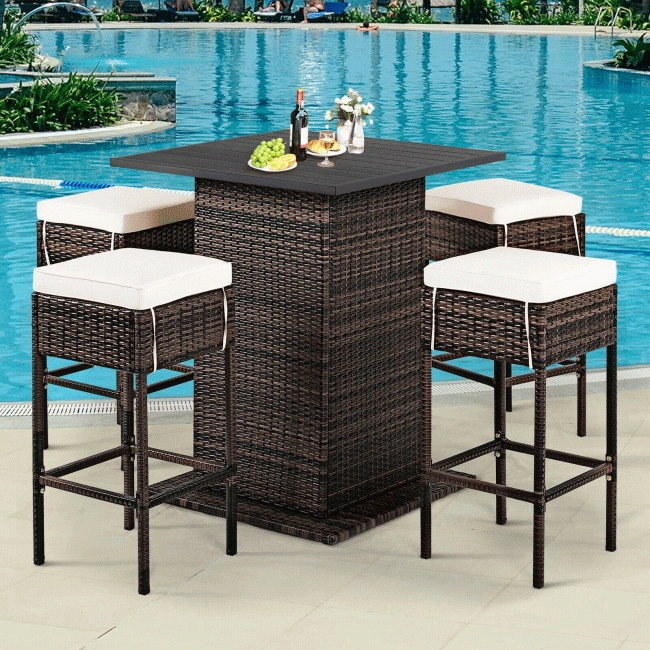 5PCS Patio Rattan Bar Table Stool Set With Hidden Storage Shelf & Cushions