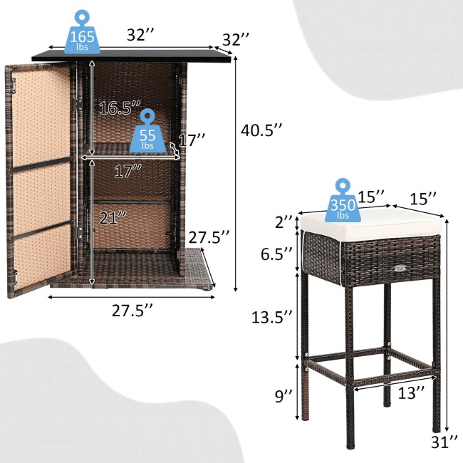 5PCS Patio Rattan Bar Table Stool Set With Hidden Storage Shelf & Cushions