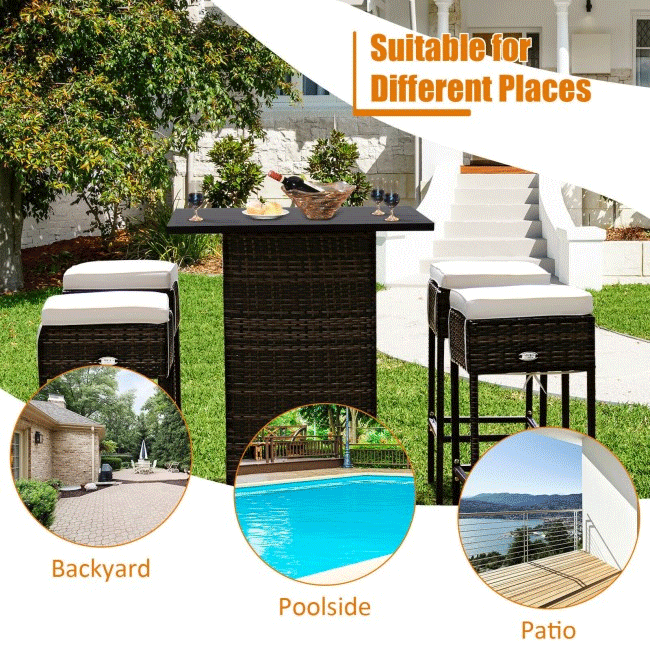 5PCS Patio Rattan Bar Table Stool Set With Hidden Storage Shelf & Cushions