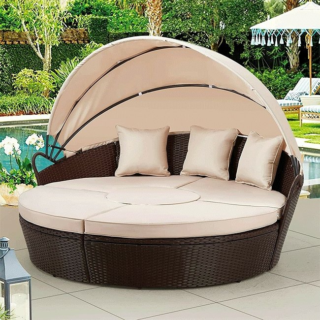 5PCS Round Outdoor Patio Rattan Wicker Daybed With Retractable Canopy, 66'