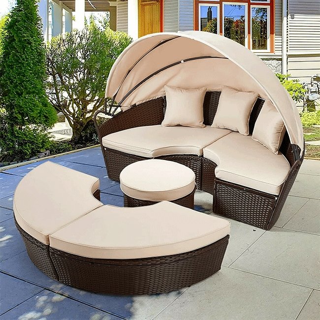 5PCS Round Outdoor Patio Rattan Wicker Daybed With Retractable Canopy, 66'