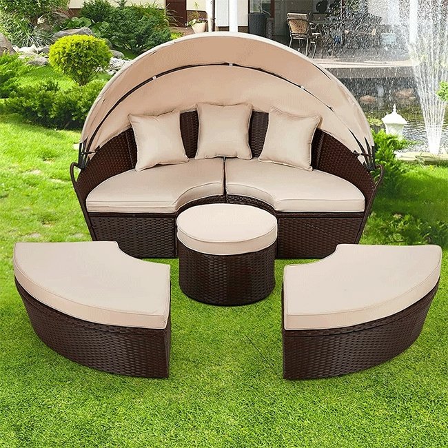 5PCS Round Outdoor Patio Rattan Wicker Daybed With Retractable Canopy, 66'