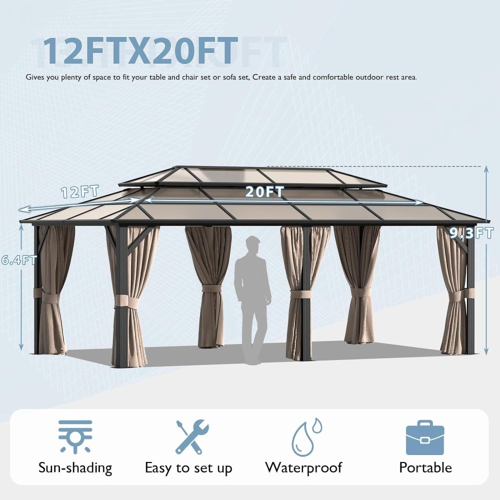 AXN Premium Aluminum Outdoor Polycarbonate Hardtop?Gazebo With UV Protection, Netting & Curtains, 12x20FT (96815273)