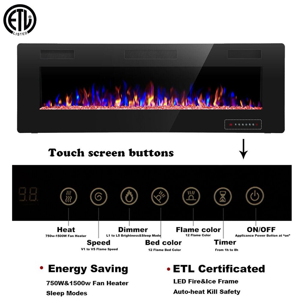 Premium 42' Ultra Thin Wall Mounted LED Electric Recessed Fireplace Heater, 1500W (94825469)
