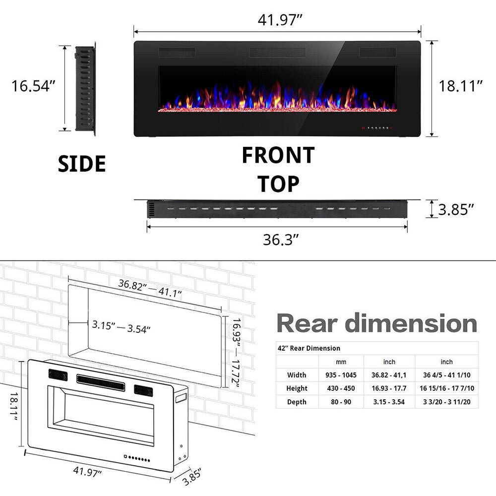 Premium 42' Ultra Thin Wall Mounted LED Electric Recessed Fireplace Heater, 1500W (94825469)