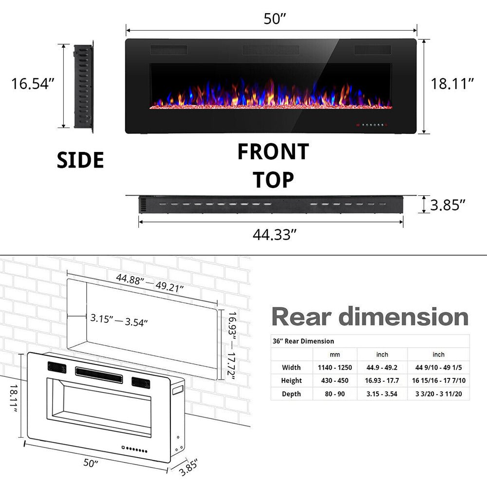 Premium 50' Ultra Thin Wall Mounted LED Electric Recessed Fireplace Heater, 1500W (94621760)