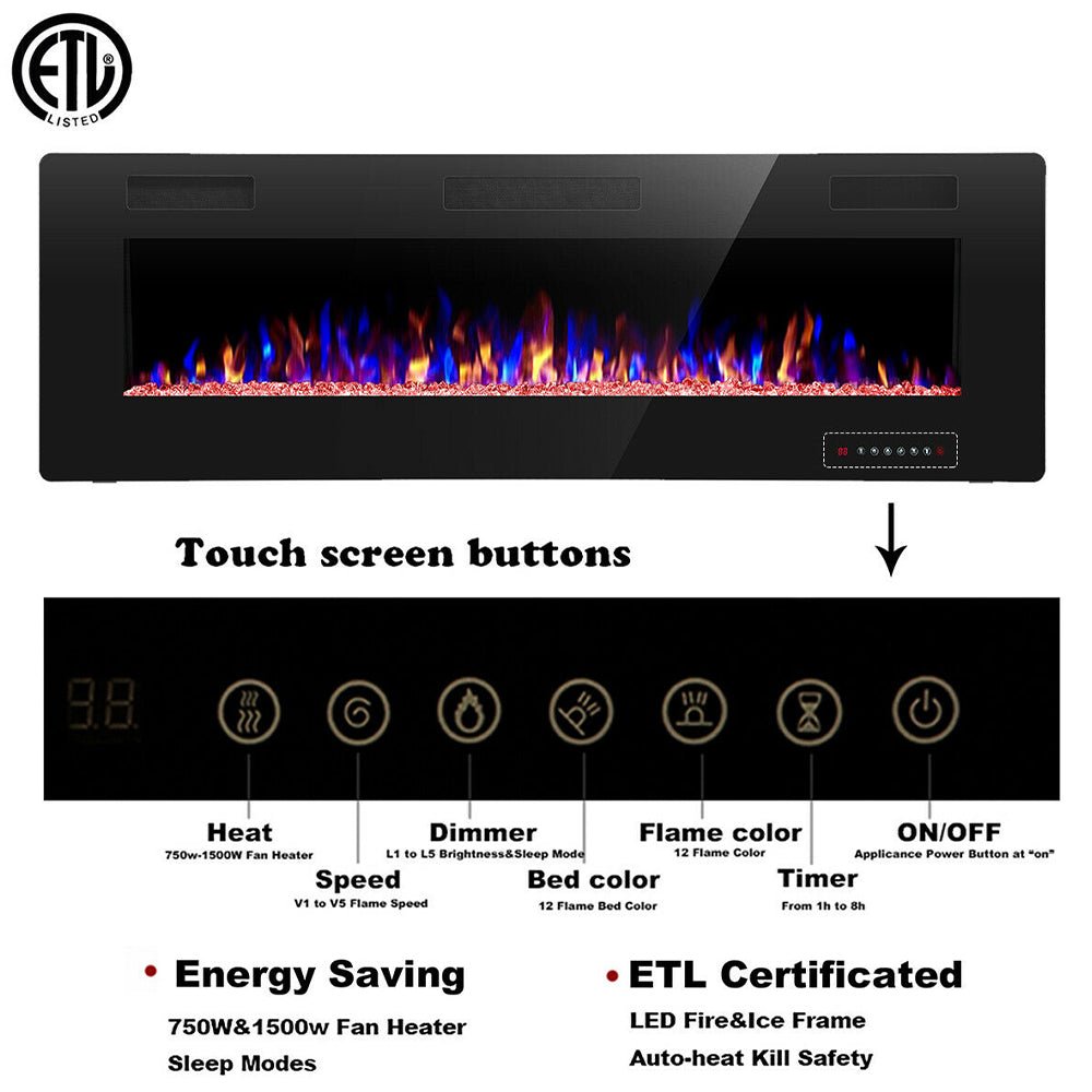 Premium 50' Ultra Thin Wall Mounted LED Electric Recessed Fireplace Heater, 1500W (94621760)