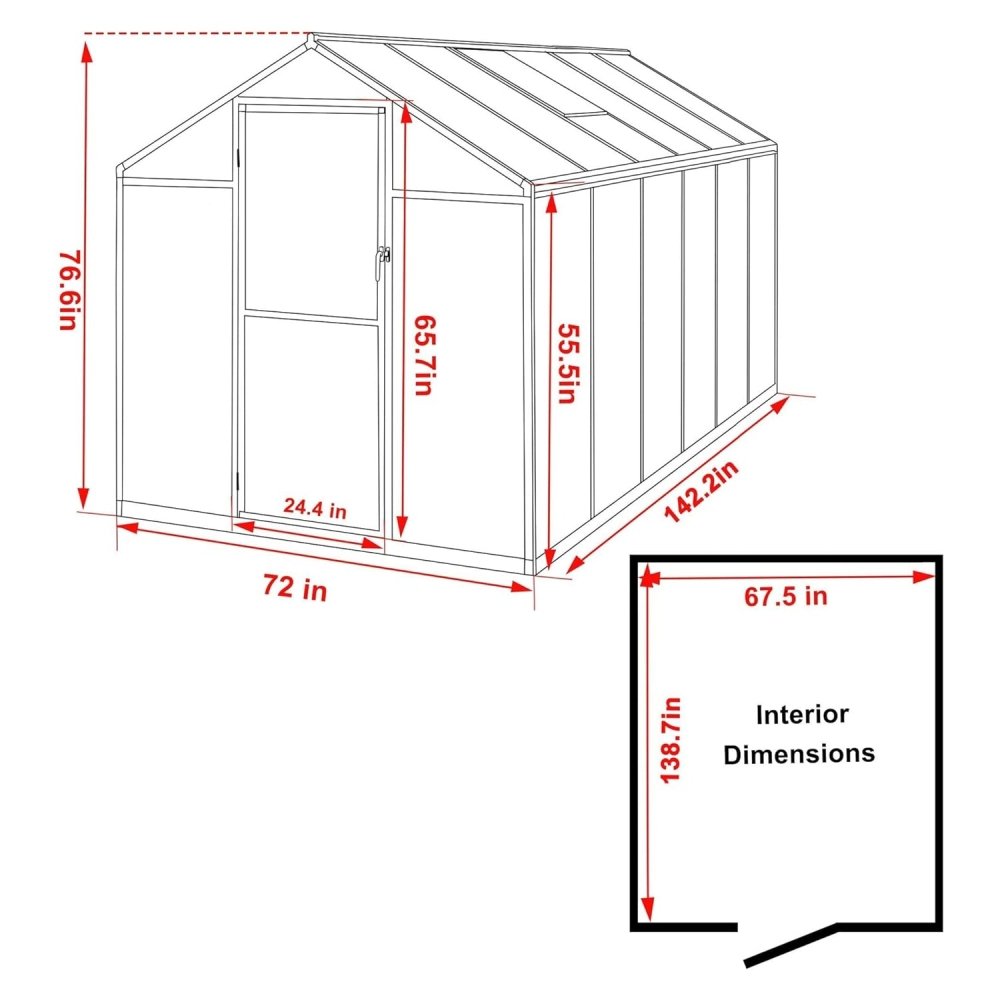 Premium Polycarbonate Gray Walk-In Greenhouse Kit With Adjustable Vent And Lockable Door, 6x12FT (97135264)