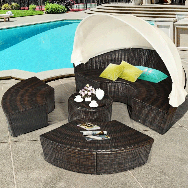 Premium Round Outdoor Patio Rattan Daybed W/ Canopy & Table, 76'