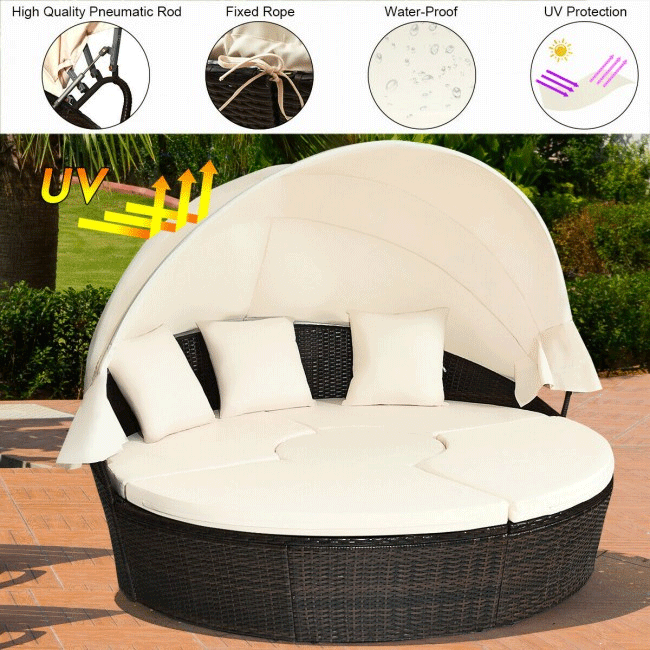 Premium Round Outdoor Patio Rattan Daybed W/ Canopy & Table, 76'