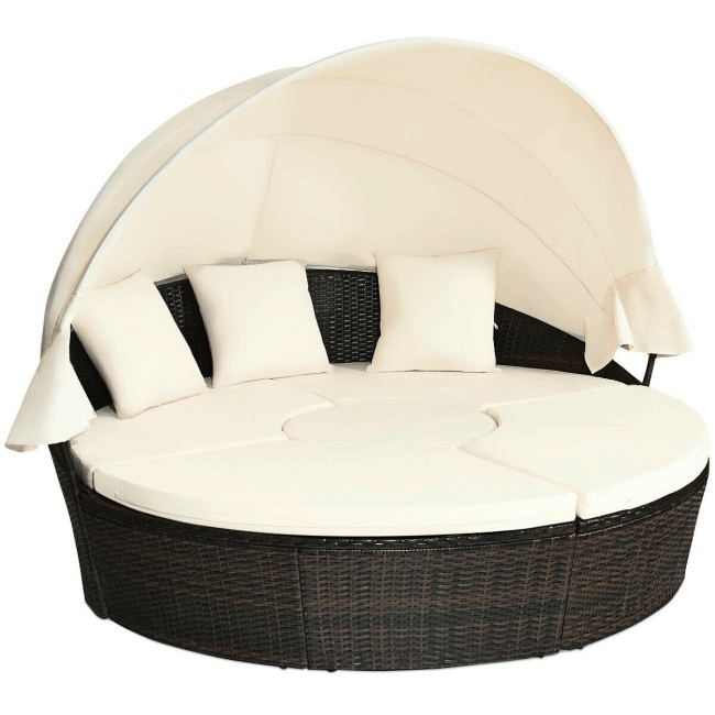 Premium Round Outdoor Patio Rattan Daybed W/ Canopy & Table, 76'