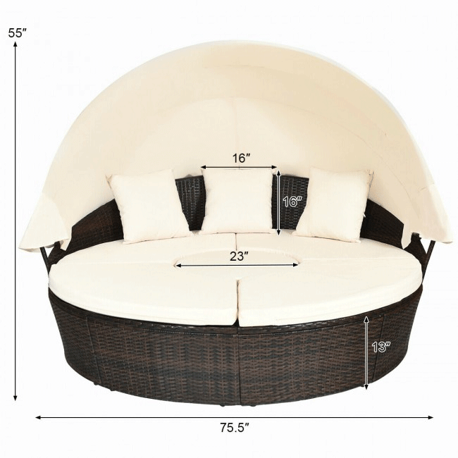 Premium Round Outdoor Patio Rattan Daybed W/ Canopy & Table, 76'