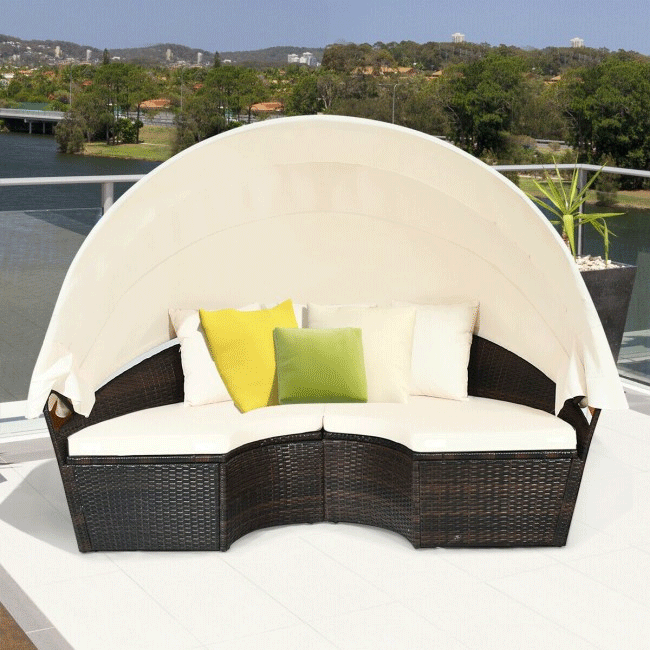 Premium Round Outdoor Patio Rattan Daybed W/ Canopy & Table, 76'