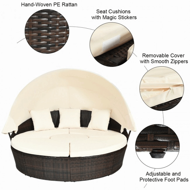 Premium Round Outdoor Patio Rattan Daybed W/ Canopy & Table, 76'