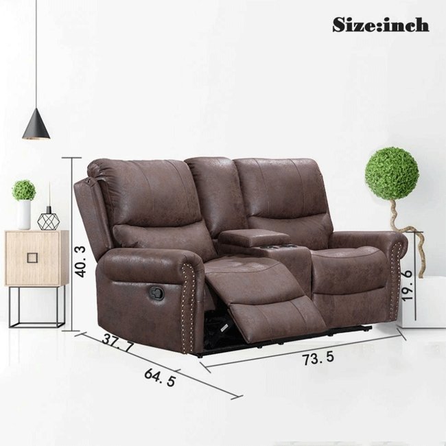 Reclining Leather Home Theatre Loveseat Sofa Couch W/ Cup Holders, 73.5