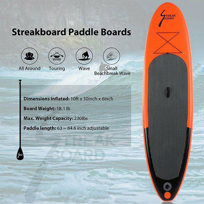 STREAK BOARD Inflatable Stand Up Paddle Surfing Board With Complete Kit, 10FT