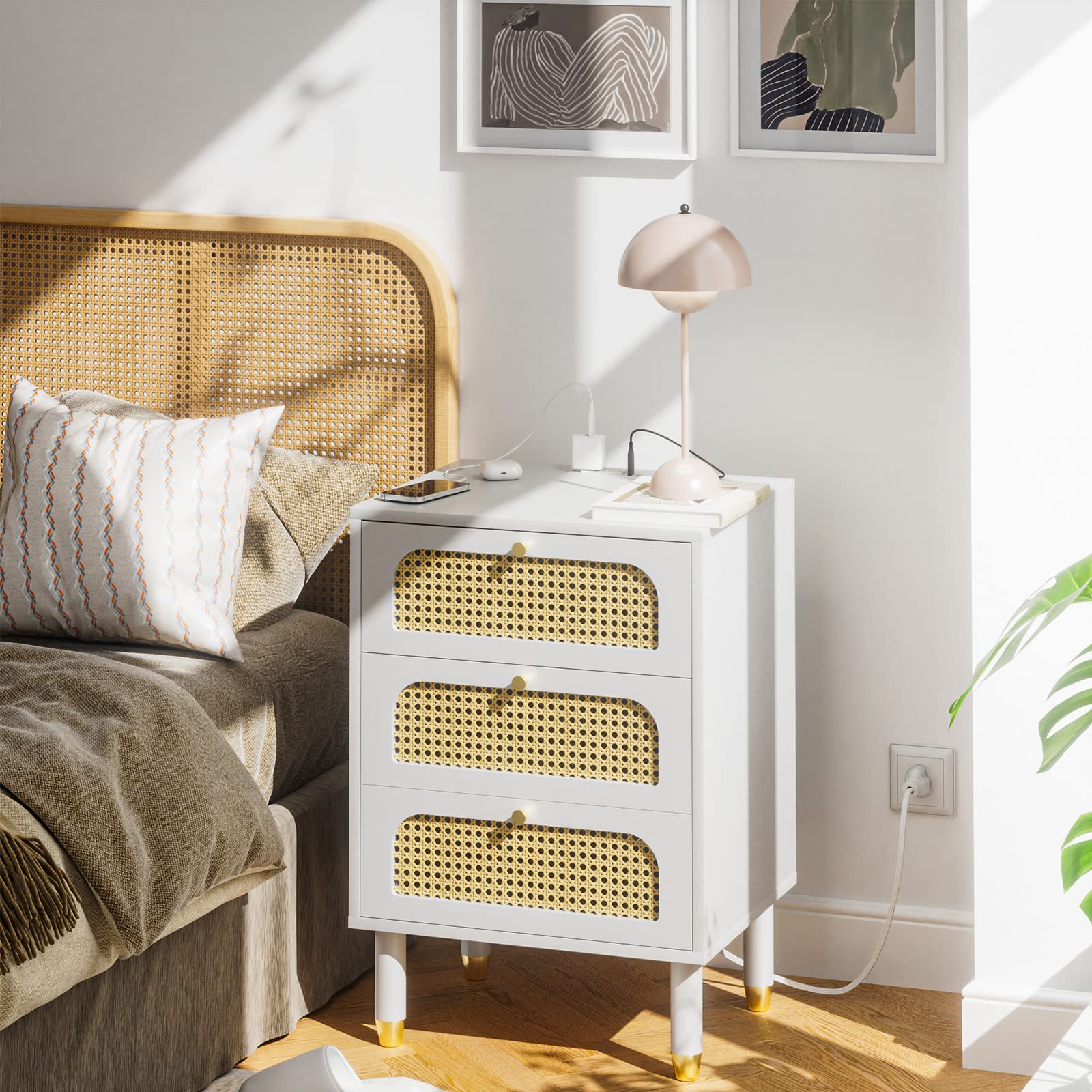 VINGLI Rattan 3-Drawers Nightstand with Charging Station